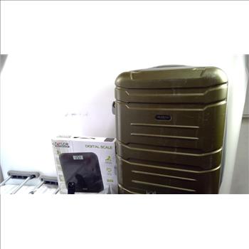 Olympia Suitcase, Digital Bathroom Scale, Crutches, And Running Board Vehicle Brackets