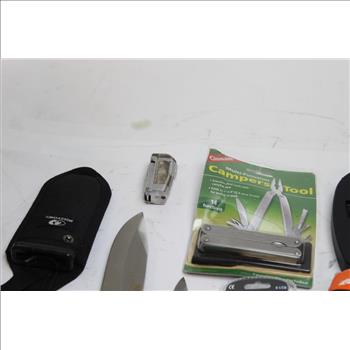 Ozark Trail Hatchet, Mossy Oak Knives, Auto Flash Light+ More 7 Pieces