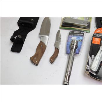 Ozark Trail Hatchet, Mossy Oak Knives, Auto Flash Light+ More 7 Pieces