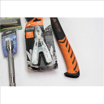 Ozark Trail Hatchet, Mossy Oak Knives, Auto Flash Light+ More 7 Pieces