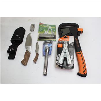 Ozark Trail Hatchet, Mossy Oak Knives, Auto Flash Light+ More 7 Pieces