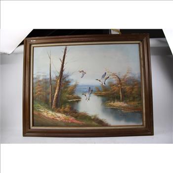 Painting With Water, Trees, & Flying Ducks With Signiture