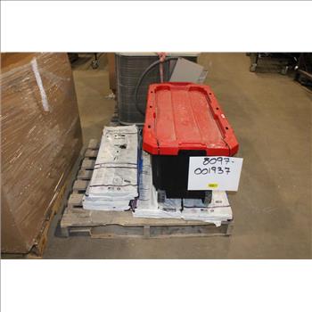 Pallet With Shingles And Red Tote, 5 Pieces