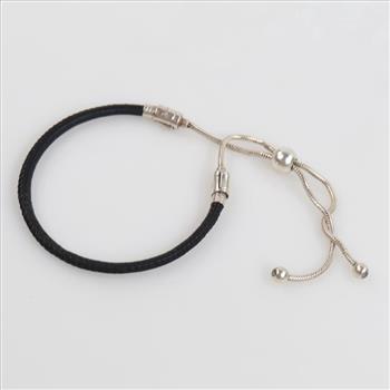 Pandora Moments Black Leather Slider Silver  Bracelet