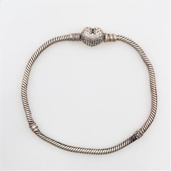 Pandora Moments Sterling Silver Sparkling Heart & Snake Chain Bracelet