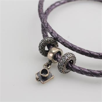 Pandora Purple Braided Double Leather Bracelet With Charms