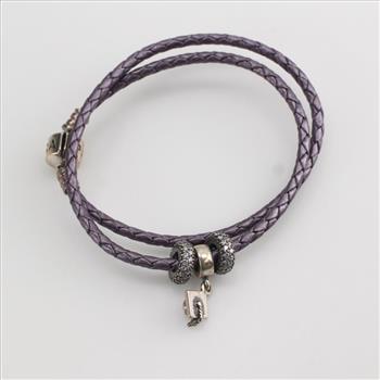 Pandora Purple Braided Double Leather Bracelet With Charms