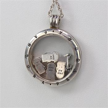 Pandora Silver Floating Locket Necklace With 5 Charms, 20.10g