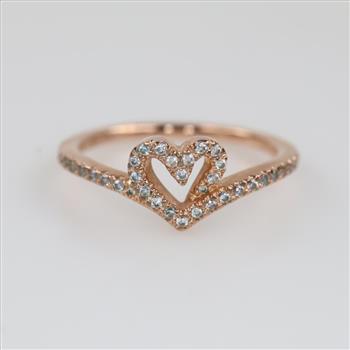 Pandora Sparkling Wishbone Heart Ring Rose GP Over Silver, Clear Stone Accents