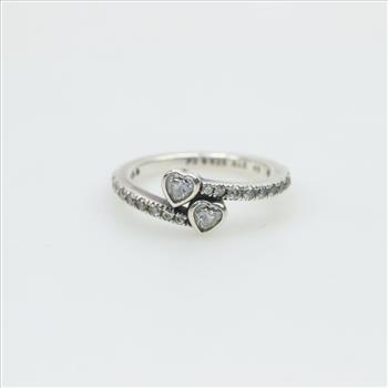Pandora Sterling Silver 2 Sparkling Hearts Clear Stone Ring