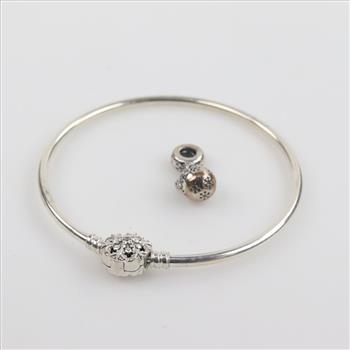 Pandora Sterling Silver Bangle And Charm