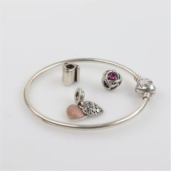 Pandora Sterling Silver Bangle With 3 Charms