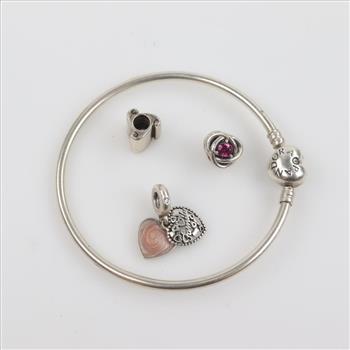 Pandora Sterling Silver Bangle With 3 Charms