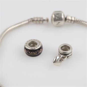 Pandora Sterling Silver Bracelet And Charms, 3 Pieces