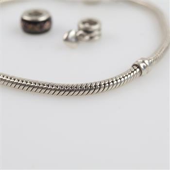 Pandora Sterling Silver Bracelet And Charms, 3 Pieces