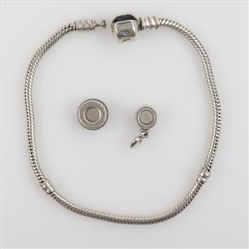 Pandora Sterling Silver Bracelet And Charms, 3 Pieces