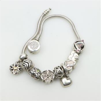 Pandora Sterling Silver Bracelet With Charms, 10 Pieces