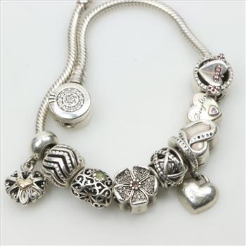 Pandora Sterling Silver Bracelet With Charms, 10 Pieces