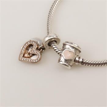 Pandora Sterling Silver Bracelet With Charms; 3 Pieces