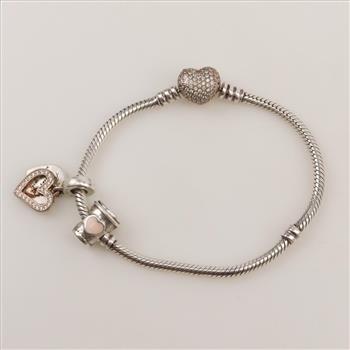 Pandora Sterling Silver Bracelet With Charms; 3 Pieces