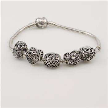 Pandora Sterling Silver Bracelet With Charms, 6 Pieces