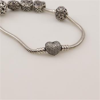 Pandora Sterling Silver Bracelet With Charms, 6 Pieces