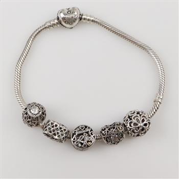 Pandora Sterling Silver Bracelet With Charms, 6 Pieces