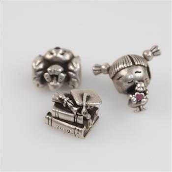 Pandora Sterling Silver Charms, 3 Pieces