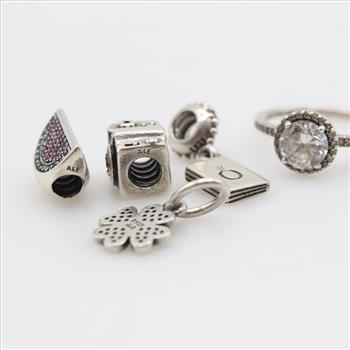 Pandora Sterling Silver Charms And Ring, 5 Pieces