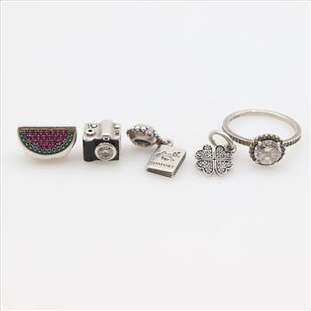 Pandora Sterling Silver Charms And Ring, 5 Pieces
