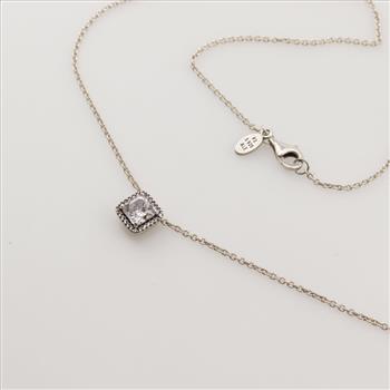 Pandora Sterling Silver Clear Stone Square Sparkle Halo Necklace