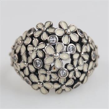 Pandora Sterling Silver Clear Stone White Enamel Daisy Flower Ring