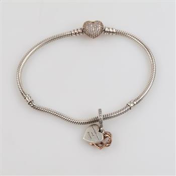 Pandora Sterling Silver GP Accent Snake Chain Bracelet With 1 Charm