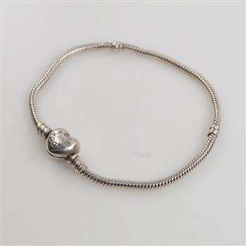 Pandora Sterling Silver Moments Heart & Snake Chain Bracelet