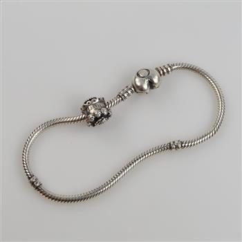 Pandora Sterling Silver Moments Heart Snake Chain Bracelet With Happy Birthday Cake Charm