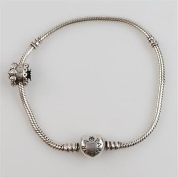 Pandora Sterling Silver Moments Heart Snake Chain Bracelet With Happy Birthday Cake Charm