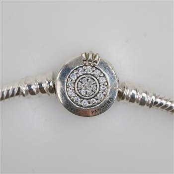 Pandora Sterling Silver Moments Sparkling Crown O Clear Stone Accent Snake Chain Bracelet