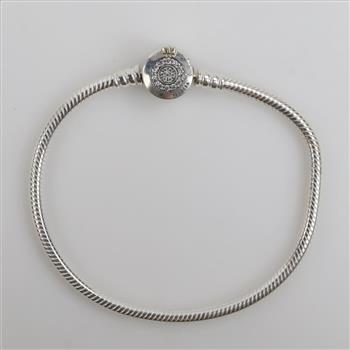Pandora Sterling Silver Moments Sparkling Crown O Clear Stone Accent Snake Chain Bracelet
