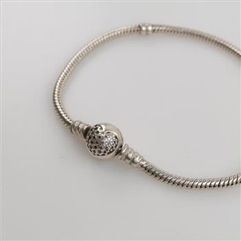Pandora Sterling Silver Sparkling Heart Clasp Snake Chain Bracelet