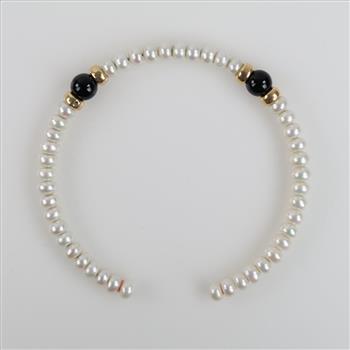 Pearl 14kt Gold Hollow Bead Black Bead Accents Open Back Bangle