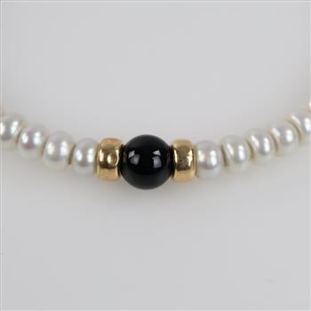 Pearl 14kt Gold Hollow Bead Black Bead Accents Open Back Bangle