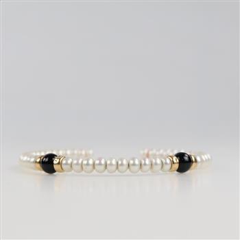 Pearl 14kt Gold Hollow Bead Black Bead Accents Open Back Bangle