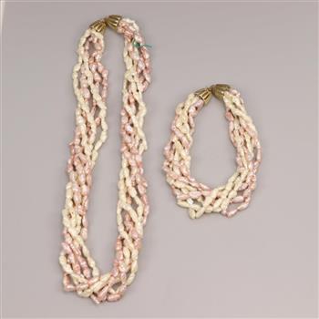 Pearl 6 Strand Necklace And Bracelet 14kt Gold Clasp, 2 Pieces