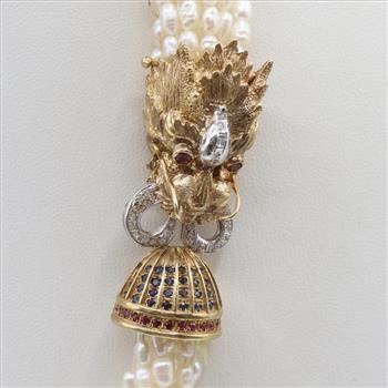 Pearl Necklace 14kt Gold Diamond Sapphire And Ruby Clasp-Evaluated by Certified AGS/GIA