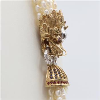 Pearl Necklace 14kt Gold Diamond Sapphire And Ruby Clasp-Evaluated by Certified AGS/GIA