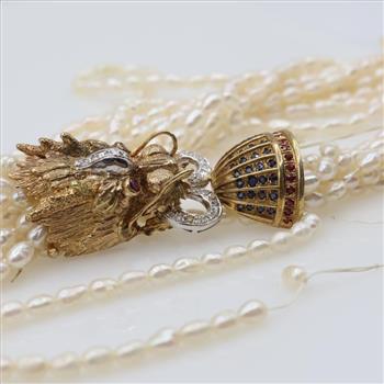 Pearl Necklace 14kt Gold Diamond Sapphire And Ruby Clasp-Evaluated by Certified AGS/GIA