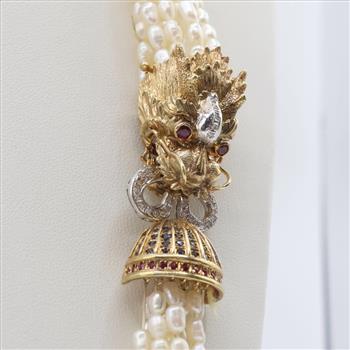 Pearl Necklace 14kt Gold Diamond Sapphire And Ruby Clasp-Evaluated by Certified AGS/GIA