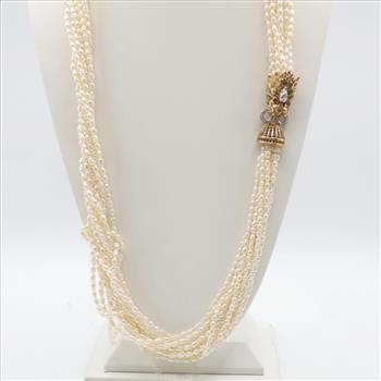 Pearl Necklace 14kt Gold Diamond Sapphire And Ruby Clasp-Evaluated by Certified AGS/GIA