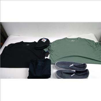 Performance XL Tee, Black Large Tees, Winter Beanie, And Size 8 Slip-On Shoes, 5 Pieces