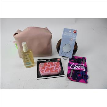 Pink Makeup Bag With Eyelashes, Mirror, Case, Shears Set,  Eyeglasses Cord, Hair Oil